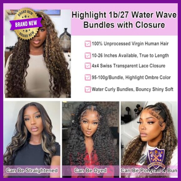 Human Hair Extensions 3 Bundles with HD Lace Closure Water Wave Curly